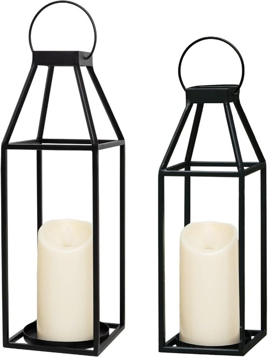 Other - New Set of 2 Black Metal Farmhouse Lanterns with Timer LED Candles 17.4 15 Inch